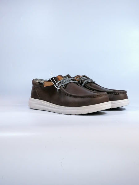 HEY DUDE - SCARPA CON LACCI ELASTICIZZATI IMPERMEABILE IN PELLE MARRONE/GRIGIO WALLY GRIP CRAFT LEATHER GREY PER UOMO