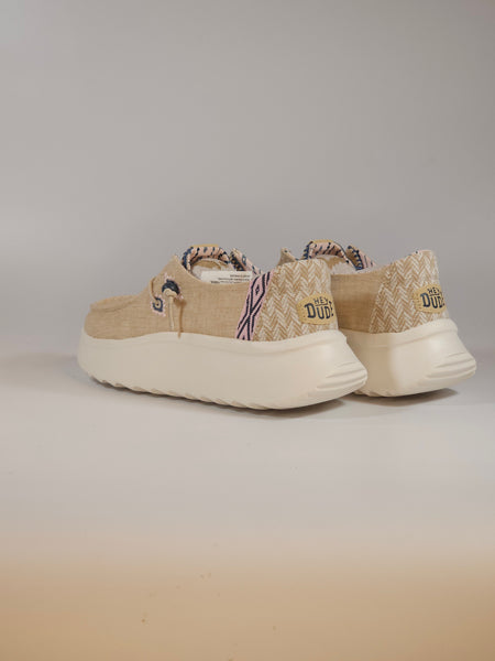 HEY DUDE - SCARPA LEGGERA IN TELA TAN BEIGE E SUOLA ALTA WENDY PEAK CHAMBRAY WOVEN PER DONNA
