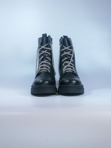 KAMMI - ANFIBIO COMBAT IN PELLE NERA PER DONNA CON LACCI IN STRASS E CERNIERA INTERNA NAOMI16
