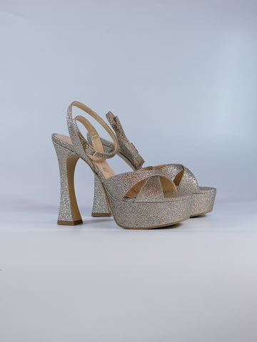 KAMMI - SANDALO DONNA IN LUREX GLITTER DORATO CON TACCO E PLATEAU 3248004