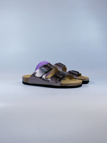 PLAKTON - CIABATTA DONNA LAMINATA ARGENTO SCURO GRAFITE CON FASCE REGOLABILI 180010