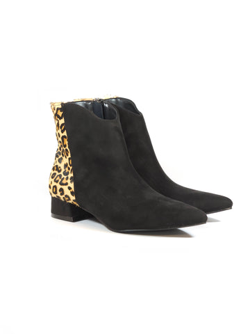 V. - TRONCHETTO ELEGANTE A PUNTA IN PELLE SCAMOSCIATA NERA E ANIMALIER LEO CON SOTTOPIEDE IMBOTTITO MORBIDO E TACCO 3 CM YH12-01M