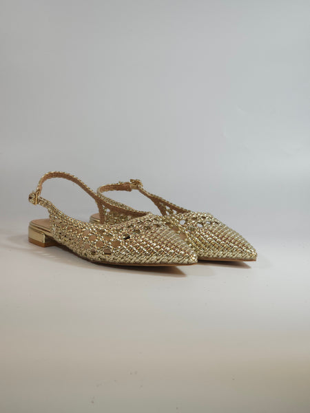 KAMMI - SCARPA SLINGBACK INTRECCIATA LAMINATA DORATA CON TACCO 2 CM 2053