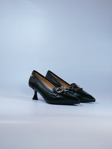 CAFE' NOIR - SCARPA MOCASSINO IN PELLE NERA A PUNTA CON MORSETTI TONDO E QUADRATO CON TACCO 5CM PER DONNA NB4101