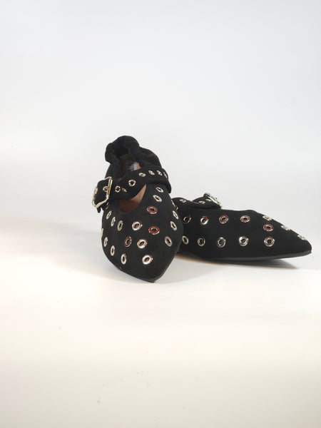 dalzoppo.it - BALLERINA SCAMOSCIATA NERA CON BORCHIE E CINTURINO PER DONNA RY91