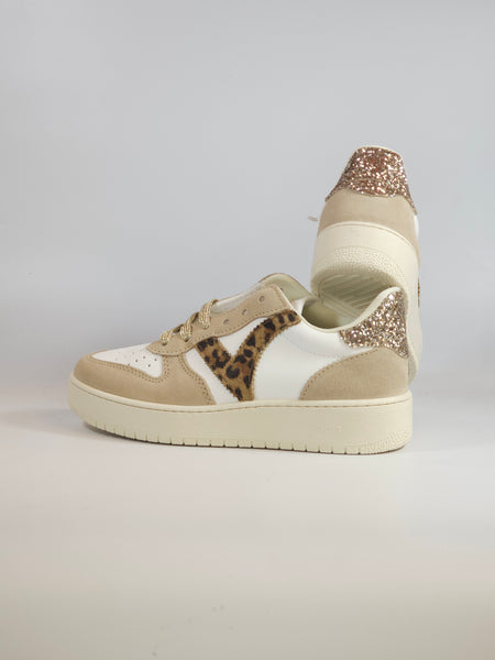 VICTORIA - SCARPA SNEAKERS IN PELLE BEIGE GLITTER E LEO PER DONNA 258277