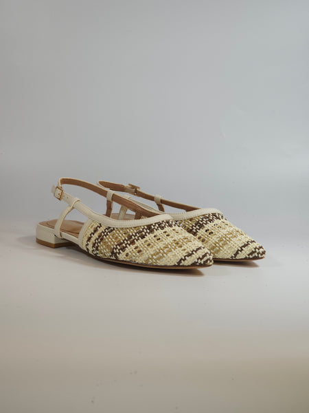 KAMMI - SCARPA SLINGBACK INTRECCIATA IN RAFFIA BIANCA BEIGE E MARRONE CON TACCO 2 CM 2060