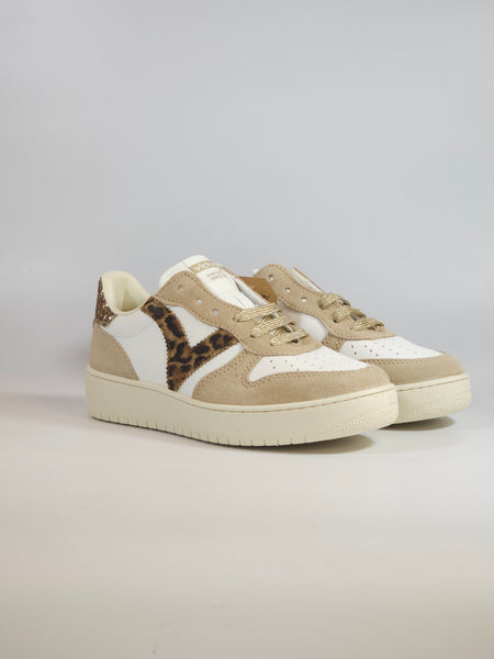 VICTORIA - SCARPA SNEAKERS IN PELLE BEIGE GLITTER E LEO PER DONNA 258277