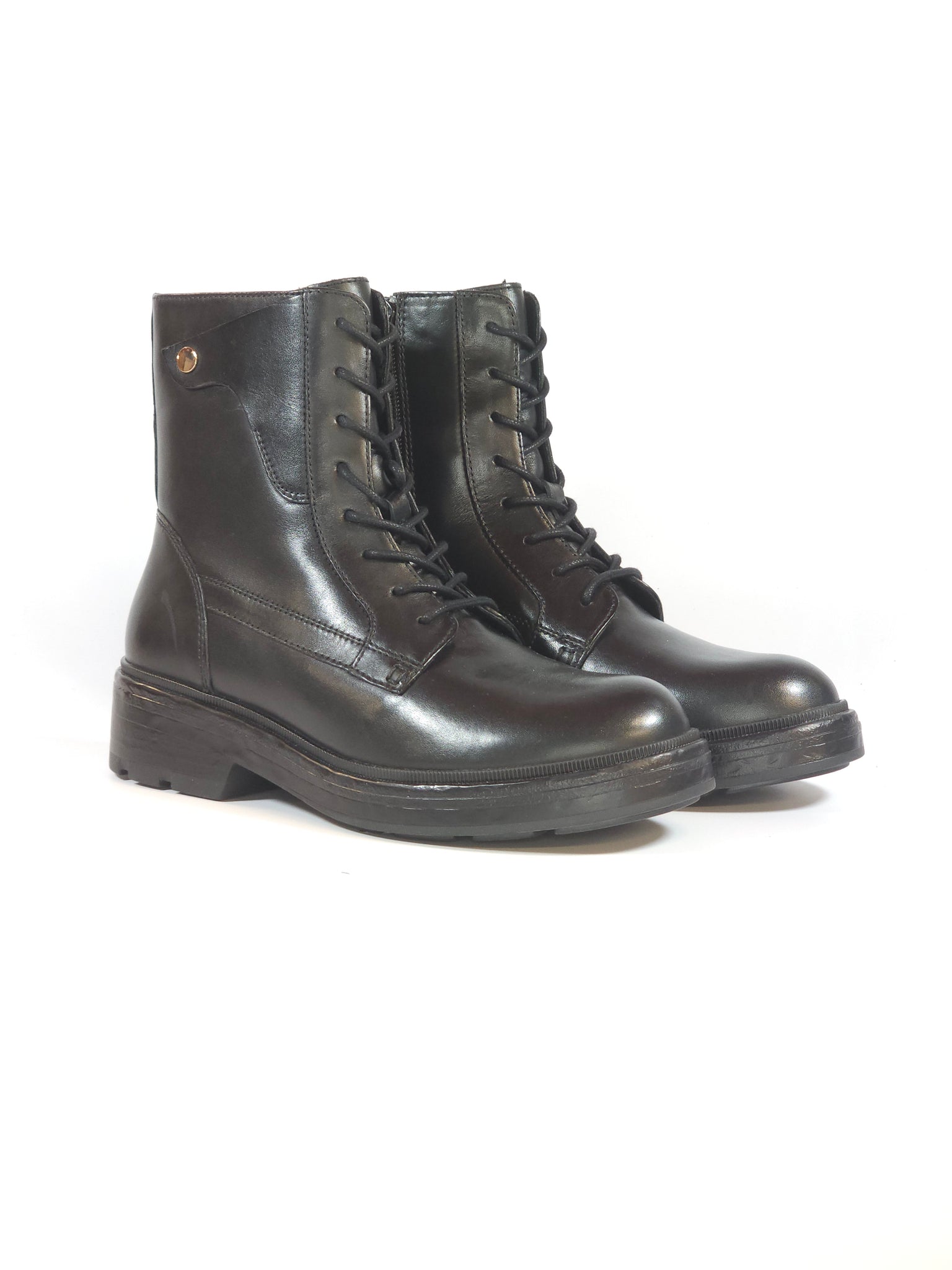 GEOX - STIVALETTO CON LACCI ANFIBIO IN PELLE NERA CON ZIP INTERNA PER DONNA D565GE