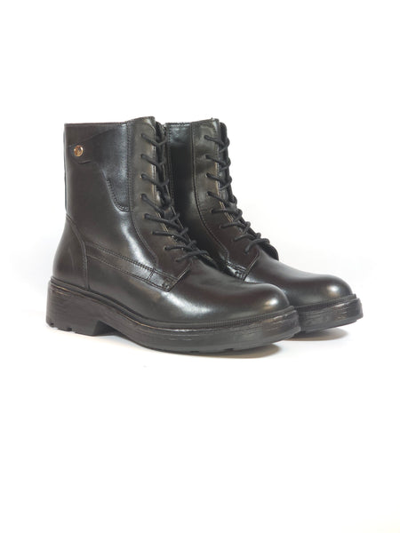 GEOX - STIVALETTO CON LACCI ANFIBIO IN PELLE NERA CON ZIP INTERNA PER DONNA D565GE