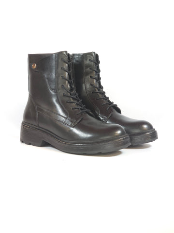 GEOX - STIVALETTO CON LACCI ANFIBIO IN PELLE NERA CON ZIP INTERNA PER DONNA D565GE