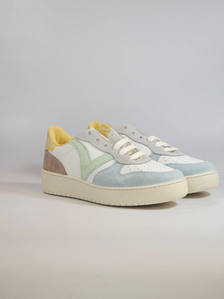 VICTORIA - SCARPA SNEAKERS IN PELLE BIANCA, AZZURRA, GIALLA E BEIGE PER DONNA 258278