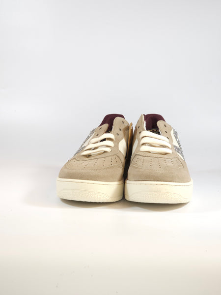 VICTORIA - SCARPA SNEAKERS IN PELLE BEIGE, BIANCA E GLITTER ARGENTO E BORDEAUX PER DONNA 258271