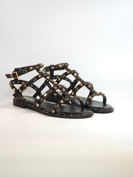 KAMMI - SANDALO DONNA NERO CON BORCHIETTE ESAGONALI E TONDE NERE 2255bis