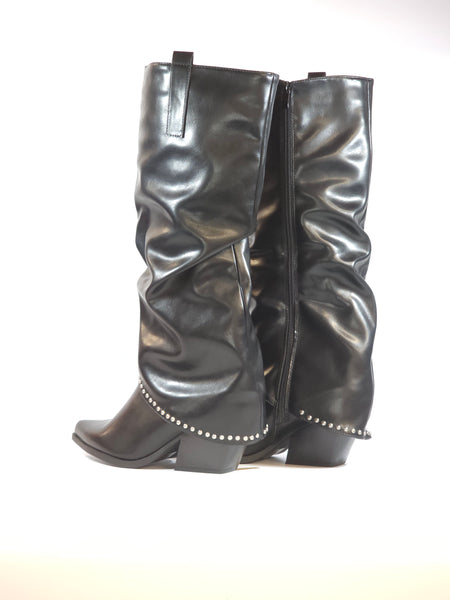 dalzoppo.it - STIVALE TEXANO ALTO DI GAMBALE NERO CON BORCHIE E TACCO 6 CM CON RISVOLTO E CERNIERA INTERNA 181-204
