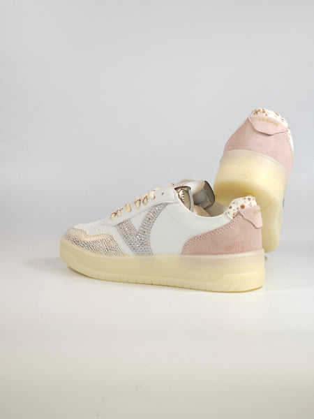 VICTORIA - SCARPA SNEAKERS IN PELLE BIANCA IN STRASS, ROSA E DORATA PER DONNA 257142