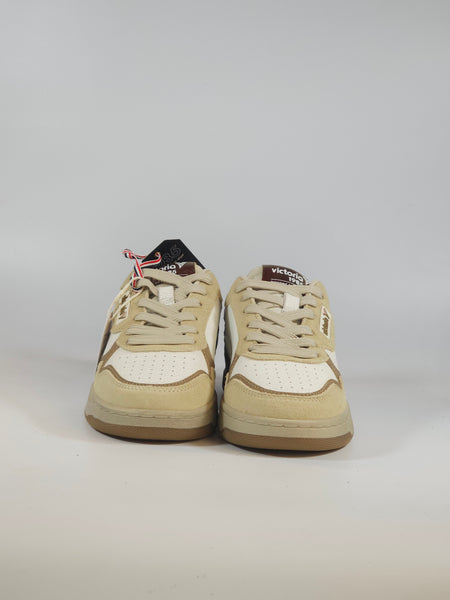 VICTORIA - SCARPA SNEAKERS IN PELLE BIANCA CON DETTAGLI BEIGE E ROSA PER DONNA 800125
