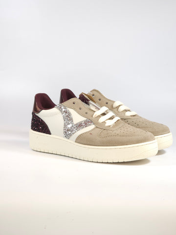 VICTORIA - SCARPA SNEAKERS IN PELLE BEIGE, BIANCA E GLITTER ARGENTO E BORDEAUX PER DONNA 258271