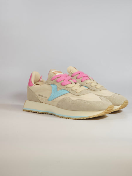 VICTORIA - SCARPA SNEAKERS IN PELLE BEIGE AZZURRO E ROSA BUBBLE PER DONNA 134117