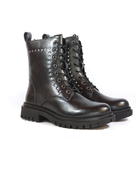 dalzoppo.it - STIVALETTO ANFIBIO IN PELLE NERA CON BORCHIETTE E CERNIERA INTERNA PER DONNA 9056