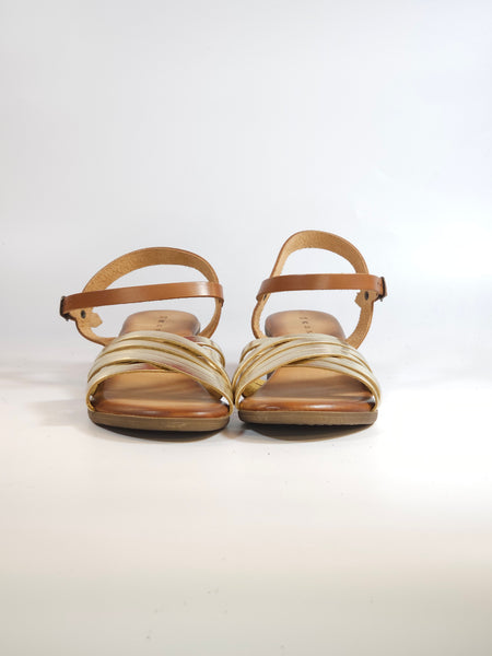 KAMMI - SANDALO DONNA IN PELLE CUOIO E DORATO INCROCIATO E SOTTOPIEDE IMBOTTITO CON TACCO 5 CM 1145t