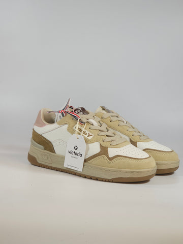 VICTORIA - SCARPA SNEAKERS IN PELLE BIANCA CON DETTAGLI BEIGE E ROSA PER DONNA 800125