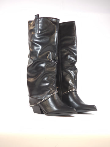 dalzoppo.it - STIVALE TEXANO ALTO DI GAMBALE NERO CON BORCHIE E TACCO 6 CM CON RISVOLTO E CERNIERA INTERNA 181-204