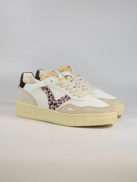 VICTORIA - SCARPA SNEAKERS IN PELLE BEIGE E LEO PER DONNA 257124