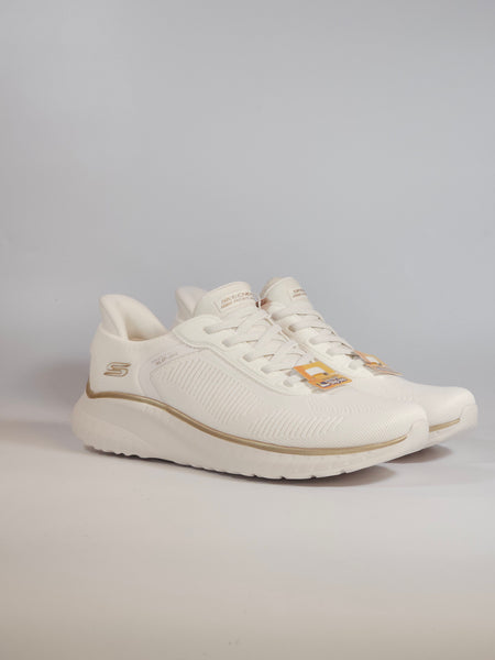 SKECHERS - SCARPA DA GINNASTICA BIANCA E DORATA CON TESSUTO ELASTICIZZATO SLIP INS SENZA USARE LE MANI CON MEMORY FOAM PER DONNA 117497