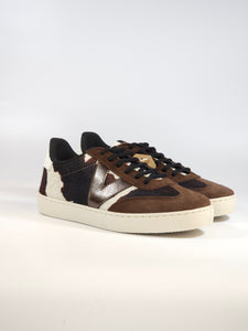 VICTORIA - SCARPA SNEAKERS IN PELLE E TESSUTO MUCCATO MARRONE, BIANCO E NERO PER DONNA 126224