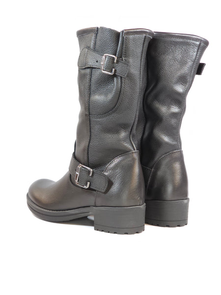 KAMMI - STIVALETTO BIKER ALTO IN PELLE MARTELLATA NERA CON FIBBIE PER DONNA NEW3