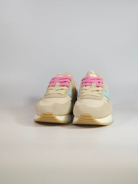 VICTORIA - SCARPA SNEAKERS IN PELLE BEIGE AZZURRO E ROSA BUBBLE PER DONNA 134117