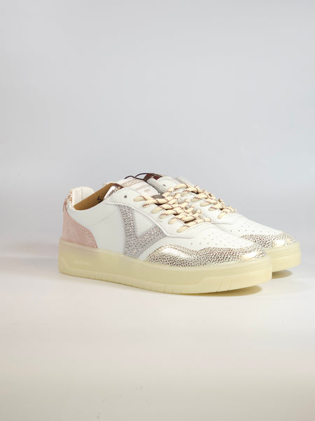 VICTORIA - SCARPA SNEAKERS IN PELLE BIANCA IN STRASS, ROSA E DORATA PER DONNA 257142
