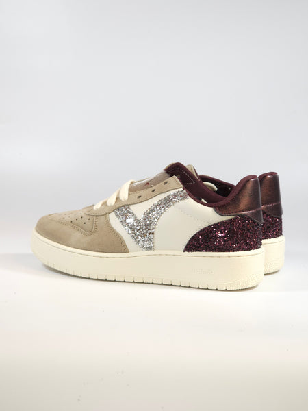 VICTORIA - SCARPA SNEAKERS IN PELLE BEIGE, BIANCA E GLITTER ARGENTO E BORDEAUX PER DONNA 258271