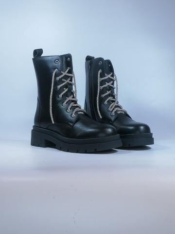 KAMMI - ANFIBIO COMBAT IN PELLE NERA PER DONNA CON LACCI IN STRASS E CERNIERA INTERNA NAOMI16