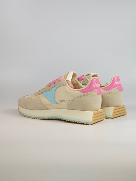 VICTORIA - SCARPA SNEAKERS IN PELLE BEIGE AZZURRO E ROSA BUBBLE PER DONNA 134117