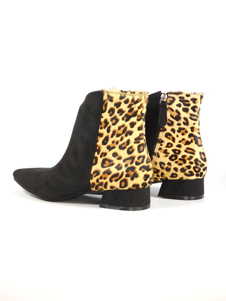 V. - TRONCHETTO ELEGANTE A PUNTA IN PELLE SCAMOSCIATA NERA E ANIMALIER LEO CON SOTTOPIEDE IMBOTTITO MORBIDO E TACCO 3 CM YH12-01M