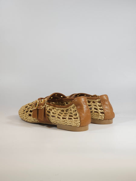KAMMI - SCARPA BALLERINA DONNA IN RAFFIA E PELLE BEIGE E CUOIO CON CINTURINI 100251380