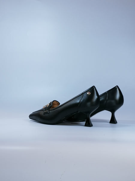 CAFE' NOIR - SCARPA MOCASSINO IN PELLE NERA A PUNTA CON MORSETTI TONDO E QUADRATO CON TACCO 5CM PER DONNA NB4101