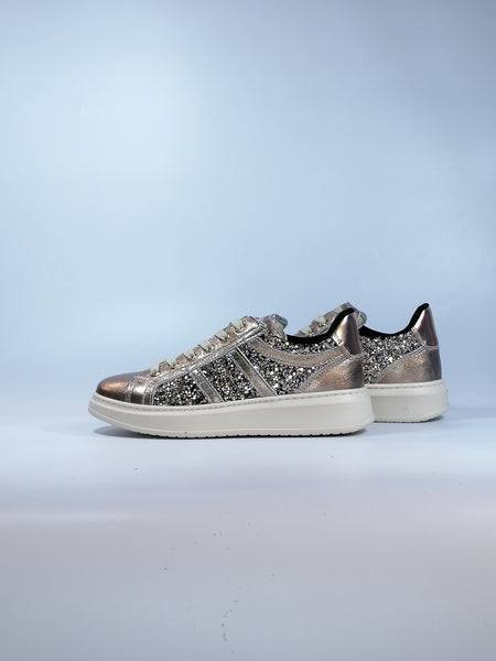 NERO GIARDINI - SCARPA SNEAKERS IN PELLE BRONZO BISCOTTO CON GLITTER PER DONNA I332731