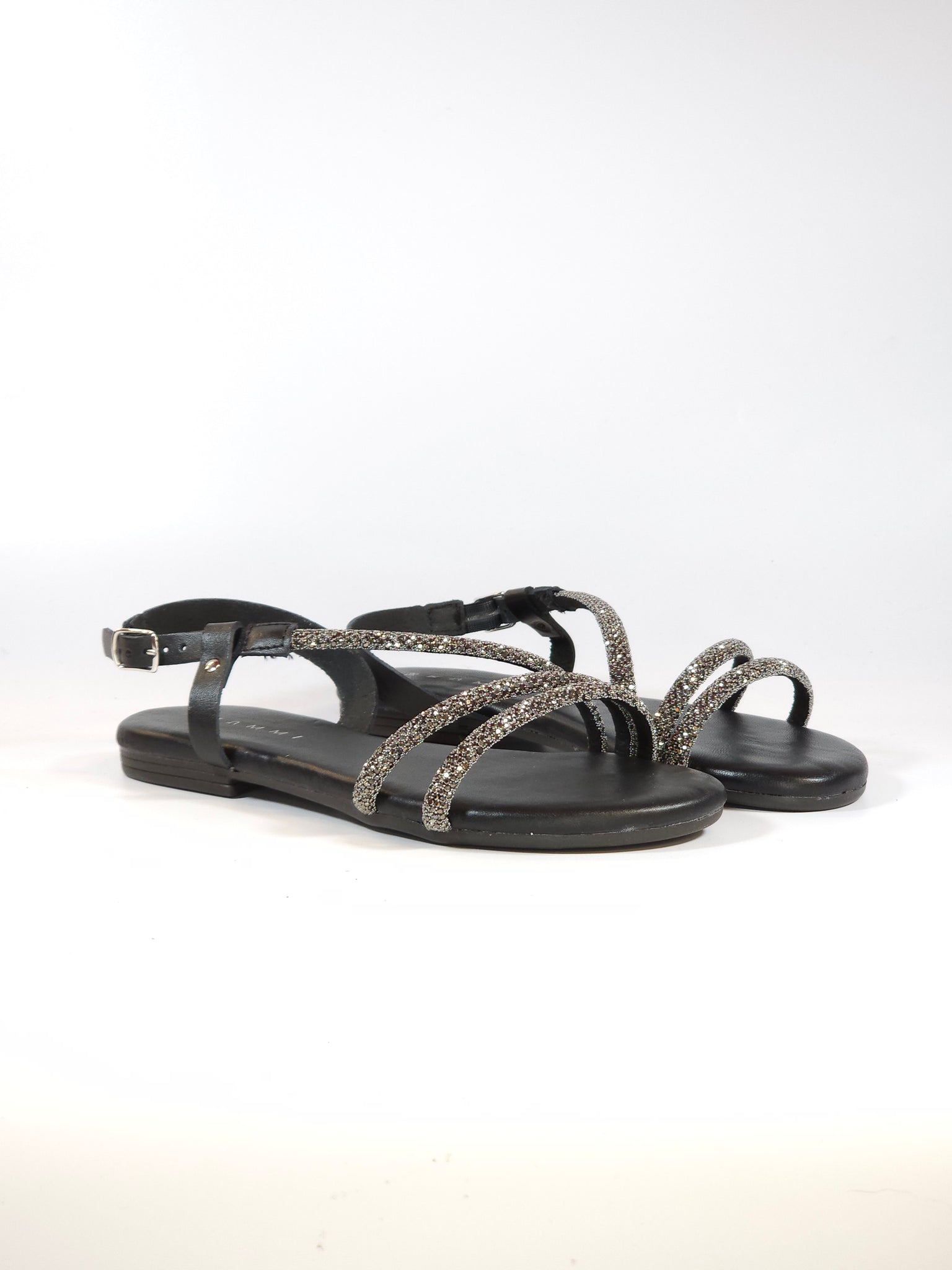 KAMMI - SANDALO DONNA IN PELLE NERA E STRASS CON SOTTOPIEDE IMBOTTITO 803