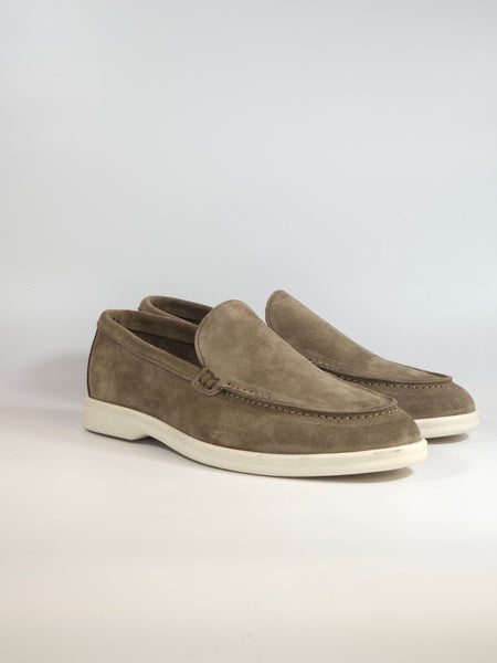 KAMMI - MOCASSINO LISCIO CON FONDO IN GOMMA BIANCA PER UOMO IN PELLE SCAMOSCIATA TAUPE GREIGE 21 MADE IN ITALY