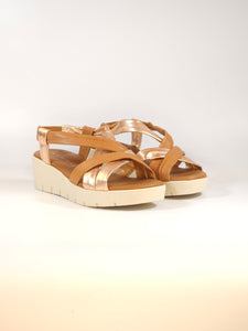 KAMMI - SANDALO CUOIO E LAMINATO CIPRIA IN PELLE MORBIDA TUBOLARE CON ZEPPA DI 5 CM PER DONNA MC902