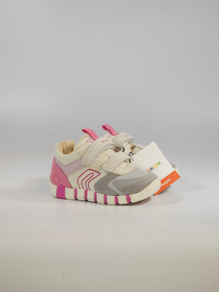 GEOX - SCARPA DA GINNASTICA PER BAMBINA PRIMI PASSI ROSA, FUXIA, GRIGIA E BIANCA CON STRAPPI B3558C