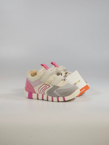 GEOX - SCARPA DA GINNASTICA PER BAMBINA PRIMI PASSI ROSA, FUXIA, GRIGIA E BIANCA CON STRAPPI B3558C