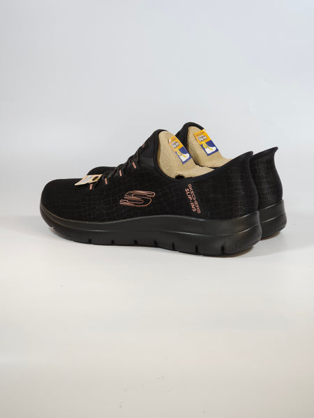 SKECHERS - SCARPA DA GINNASTICA NERA CON LUREX E DETTAGLI DORATI SLIP INS SENZA USARE LE MANI CON MEMORY FOAM 150128