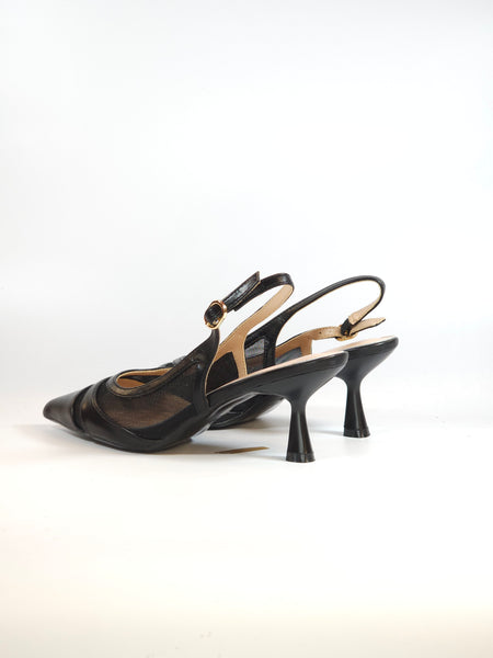 dalzoppo.it - SCARPA SLINGBACK IN PELLE NERA E RETE CON TACCO DI 6 CM PER DONNA J07-05A