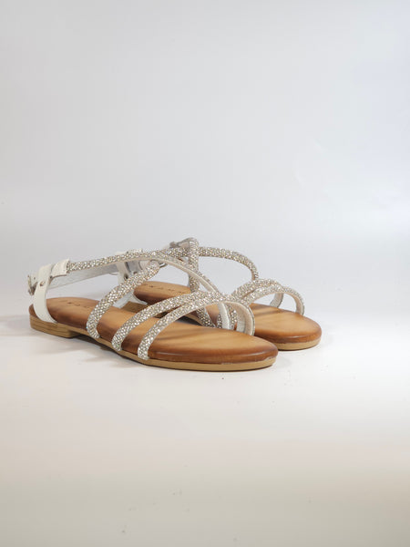 KAMMI - SANDALO DONNA IN PELLE BIANCA E STRASS ARGENTO CON INCROCIO E CON SOTTOPIEDE IMBOTTITO 1101