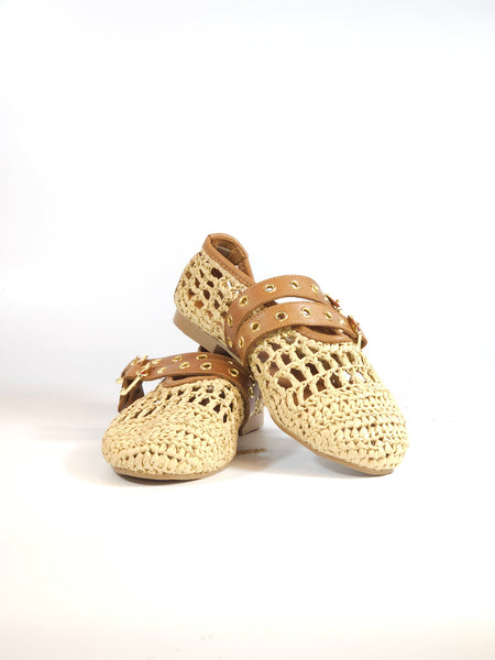 KAMMI - SCARPA BALLERINA DONNA IN RAFFIA E PELLE BEIGE E CUOIO CON CINTURINI 100251380