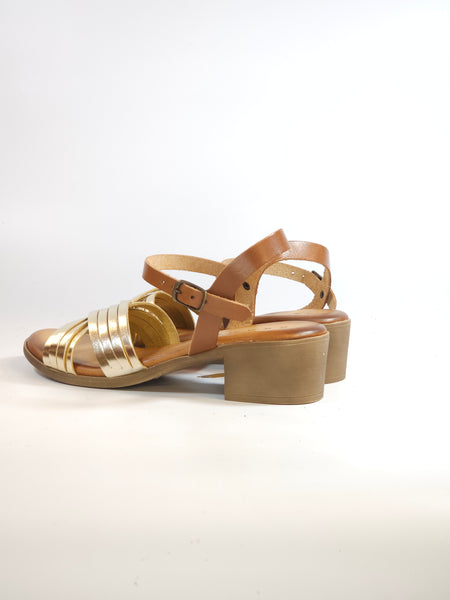 KAMMI - SANDALO DONNA IN PELLE CUOIO E DORATO INCROCIATO E SOTTOPIEDE IMBOTTITO CON TACCO 5 CM 1145t